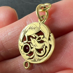 French Art Nouveau Griffon Chimera 18 Karat Yellow Gold Ruby Charm Pendant