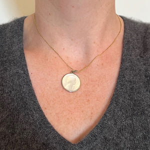 French Virgin Mary Mother of Pearl 18K White Gold Medal Pendant