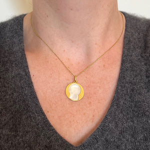 French Becker Virgin Mary Mother of Pearl 18K Yellow Gold Charm Pendant