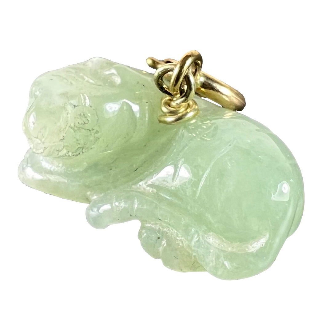 Vintage Carved Green Jade Tiger 9K Yellow Gold Charm Pendant