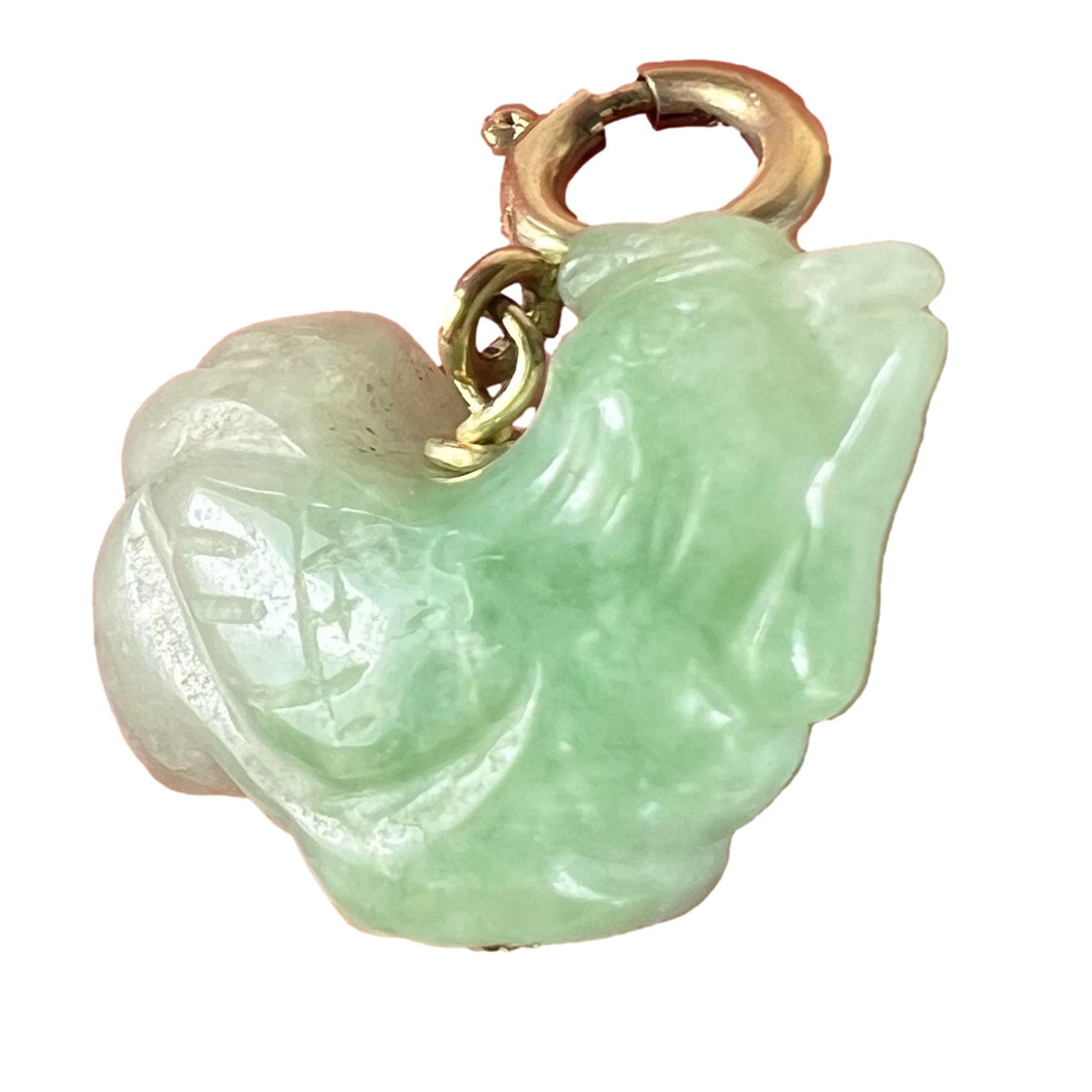 Vintage Carved Green Jade Rooster 9K Yellow Gold Charm Pendant