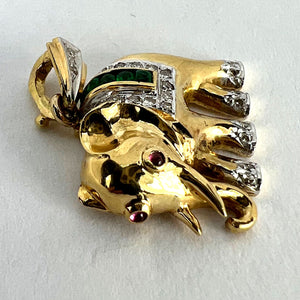 French Lucky Elephant Emerald Diamond Ruby 18K Yellow Gold Charm Pendant