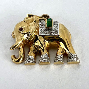 French Lucky Elephant Emerald Diamond Ruby 18K Yellow Gold Charm Pendant