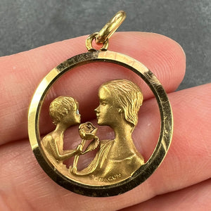 French 18K Yellow Gold Mother and Child Rose Medal Pendant