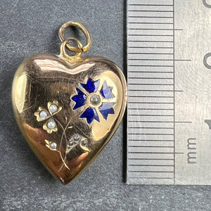 French Puffy Love Heart Flowers 18K Yellow Gold Enamel Pearl Pendant