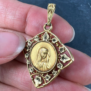 French Virgin Mary Ivy Leaf 18K Yellow Gold Medal Charm Pendant