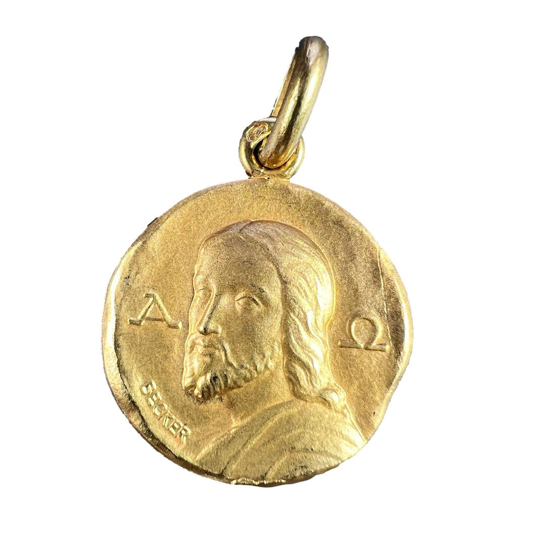 French Becker 18K Yellow Gold Jesus Christ Alpha Omega Medal Charm Pendant