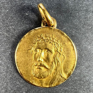 French Jesus Christ Crown of Thorns 18K Yellow Gold Medal Charm Pendant