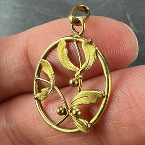 French Mistletoe Leaves and Berries Love 18K Yellow Gold Charm Pendant