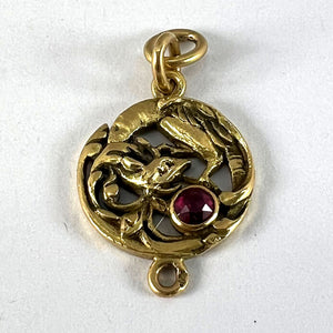 French Art Nouveau Griffon Chimera 18 Karat Yellow Gold Ruby Charm Pendant