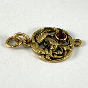French Art Nouveau Griffon Chimera 18 Karat Yellow Gold Ruby Charm Pendant