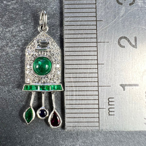 Art Deco Cuckoo Clock Platinum Diamond Emerald Ruby Sapphire Charm Pendant