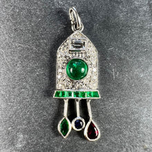 Load image into Gallery viewer, Art Deco Cuckoo Clock Platinum Diamond Emerald Ruby Sapphire Charm Pendant
