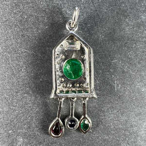 Art Deco Cuckoo Clock Platinum Diamond Emerald Ruby Sapphire Charm Pendant