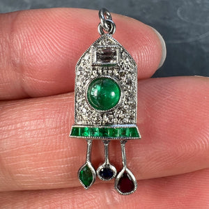 Art Deco Cuckoo Clock Platinum Diamond Emerald Ruby Sapphire Charm Pendant