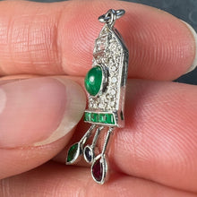 Load image into Gallery viewer, Art Deco Cuckoo Clock Platinum Diamond Emerald Ruby Sapphire Charm Pendant
