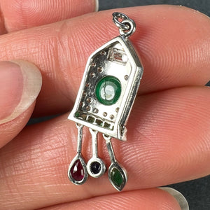 Art Deco Cuckoo Clock Platinum Diamond Emerald Ruby Sapphire Charm Pendant