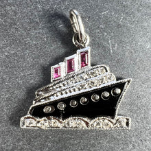 Load image into Gallery viewer, Art Deco Ocean Liner Steam Ship Boat Platinum Diamond Ruby Onyx Charm Pendant
