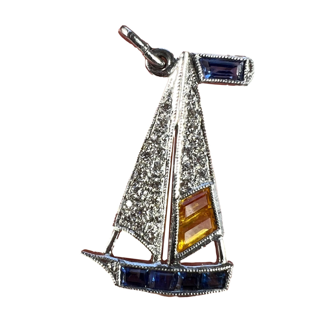 Art Deco Yacht Sailboat Platinum Diamond Sapphire Citrine Charm Pendant