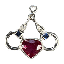 Load image into Gallery viewer, Art Deco Love Heart Snaffle Bit Platinum Diamond Sapphire Ruby Charm Pendant
