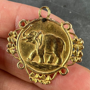 French Good Luck Elephant Four Leaf Clover 18K Yellow Gold Lucky Charm Pendant