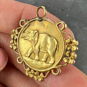 French Good Luck Elephant Four Leaf Clover 18K Yellow Gold Lucky Charm Pendant