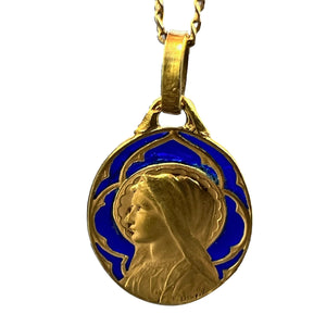 French Dropsy Virgin Mary Plique A Jour Enamel 18K Yellow Gold Pendant Medal