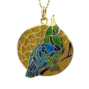 French Bird Plique A Jour Enamel 18K Yellow Gold Pendant Medal