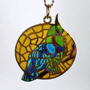 French Bird Plique A Jour Enamel 18K Yellow Gold Pendant Medal