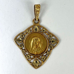 French Virgin Mary Ivy Leaf 18K Yellow Gold Medal Charm Pendant