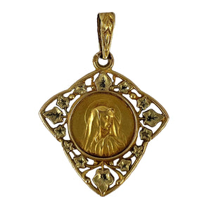 French Virgin Mary Ivy Leaf 18K Yellow Gold Medal Charm Pendant