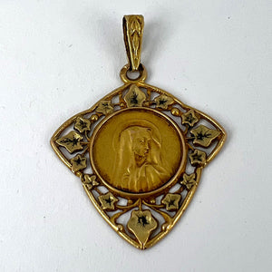 French Virgin Mary Ivy Leaf 18K Yellow Gold Medal Charm Pendant