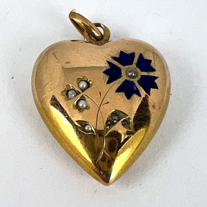 French Puffy Love Heart Flowers 18K Yellow Gold Enamel Pearl Pendant