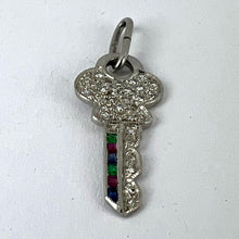 Load image into Gallery viewer, Art Deco Platinum Diamond Ruby Sapphire Emerald Key Charm Pendant

