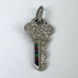 Art Deco Platinum Diamond Ruby Sapphire Emerald Key Charm Pendant