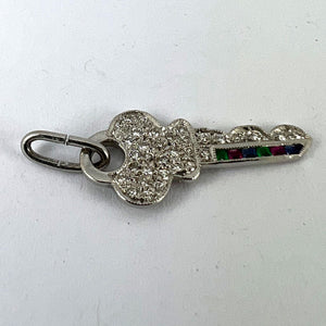 Art Deco Platinum Diamond Ruby Sapphire Emerald Key Charm Pendant