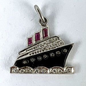 Art Deco Ocean Liner Steam Ship Boat Platinum Diamond Ruby Onyx Charm Pendant