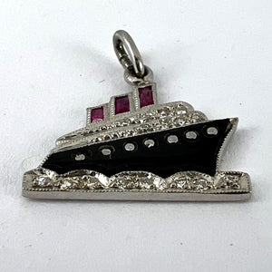 Art Deco Ocean Liner Steam Ship Boat Platinum Diamond Ruby Onyx Charm Pendant