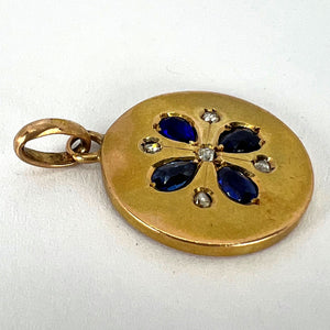 French Lucky Four Leaf Clover 18K Yellow Gold Sapphire Diamond Charm Pendant