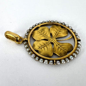 French Lucky Shamrock Four Leaf Clover 18K Yellow Gold Pearl Charm Pendant
