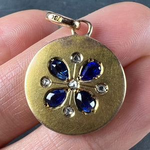 French Lucky Four Leaf Clover 18K Yellow Gold Sapphire Diamond Charm Pendant
