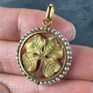 French Lucky Shamrock Four Leaf Clover 18K Yellow Gold Pearl Charm Pendant