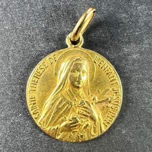 French St Therese 18K Yellow Gold Religious Medal Pendant