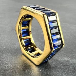 Hexagonal 6 Carat Blue Sapphire 18K Yellow Gold Eternity Ring