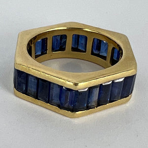 Hexagonal 6 Carat Blue Sapphire 18K Yellow Gold Eternity Ring