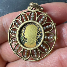 Load image into Gallery viewer, Antique French Virgin Mary 18K Yellow Gold Plique-a-Jour Enamel Pearl Pendant Medal
