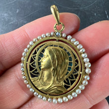 Load image into Gallery viewer, Antique French Virgin Mary 18K Yellow Gold Plique-a-Jour Enamel Pearl Pendant Medal
