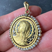 Load image into Gallery viewer, Antique French Virgin Mary 18K Yellow Gold Plique-a-Jour Enamel Pearl Pendant Medal
