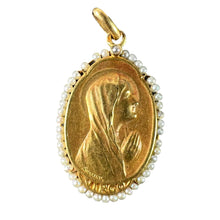 Load image into Gallery viewer, Antique French Sellier Virgin Mary 18K Yellow Gold Seed Pearl Medal Pendant
