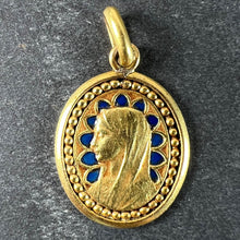 Load image into Gallery viewer, French Dropsy Virgin Mary Blue Enamel 18K Yellow Gold Religious Pendant Medal
